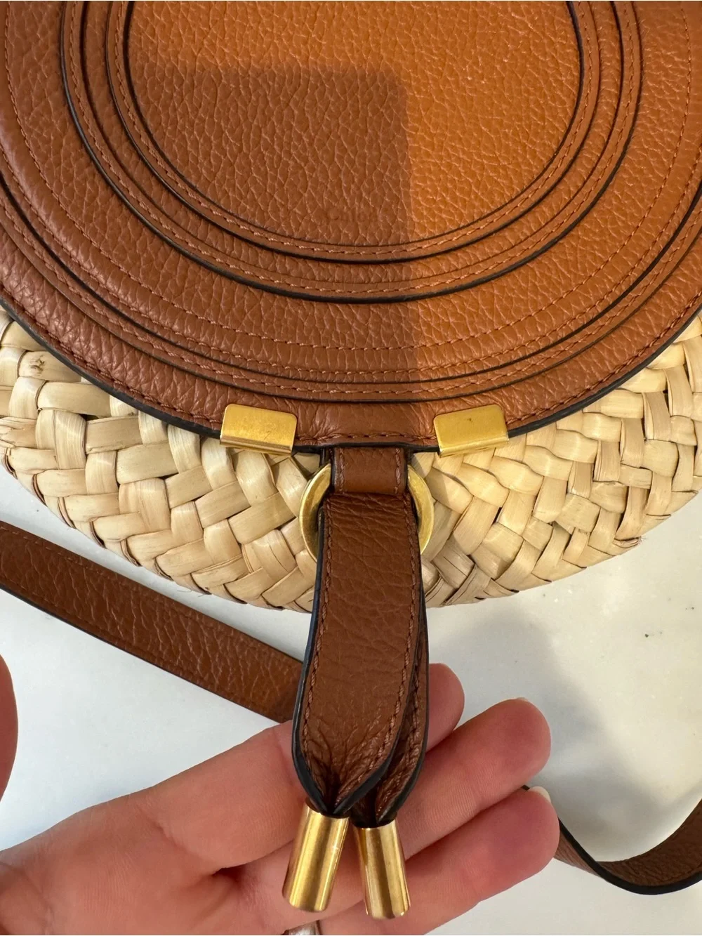Chloe Brown Leather & Woven Straw Crossbody Bag